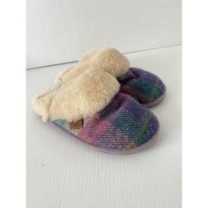 BEDROOM ATHLETICS Harris Tweed Pink/Purple Plaid Wool Shearling Slippers 5-6 US